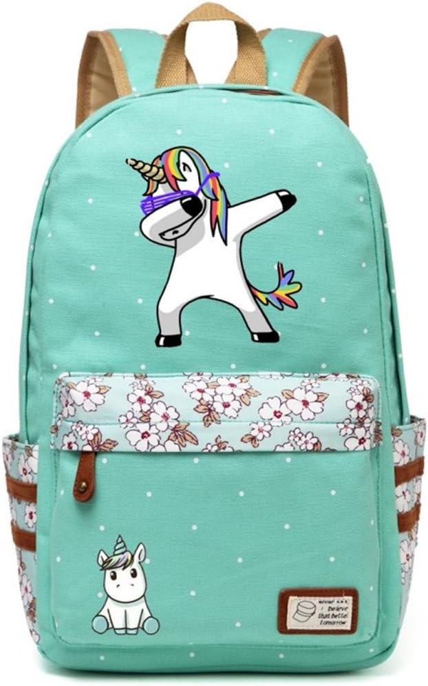 Dab Unicorn Cartoon Backpack Shoulder Travel Bag for Teenagers Girls Women Canvas Dot School Bag Green 4 43x28x15cm