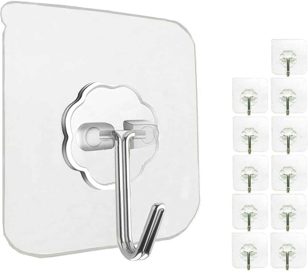 Jiaweixiang 12 Pack Heavy Duty Sticky Hooks 33lb Max Transparent Self Adhesive