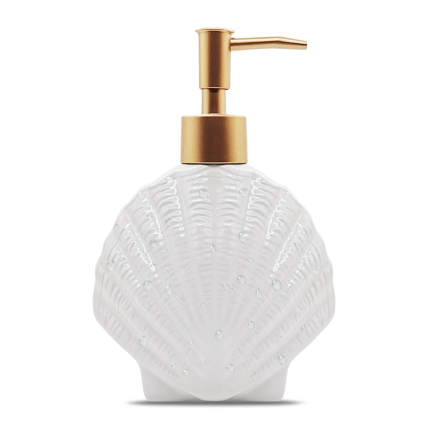 Shell-Shaped Soap Dispenser White Ceramic Lotion Bottle with Golden Matte Pump Home Décor for Bathroom Kitchen