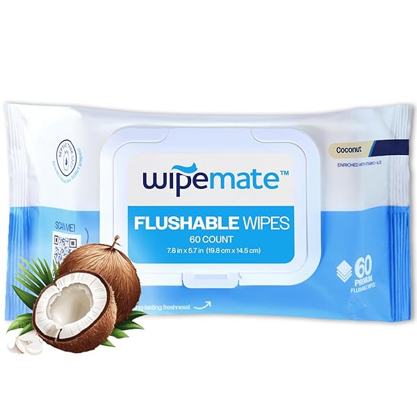 WIPEMATE ULTRA FLUSHABLE BUTT WIPES, SOOTHING VITAMIN E & ALOE, 99% WATER, COCONUT SCENT PREMIUM SUPER SOFT HYGIENE WIPES, SEPTIC & SEWER SAFE, 1 PREMIUM FLIP-TOP PACKS (60) CT