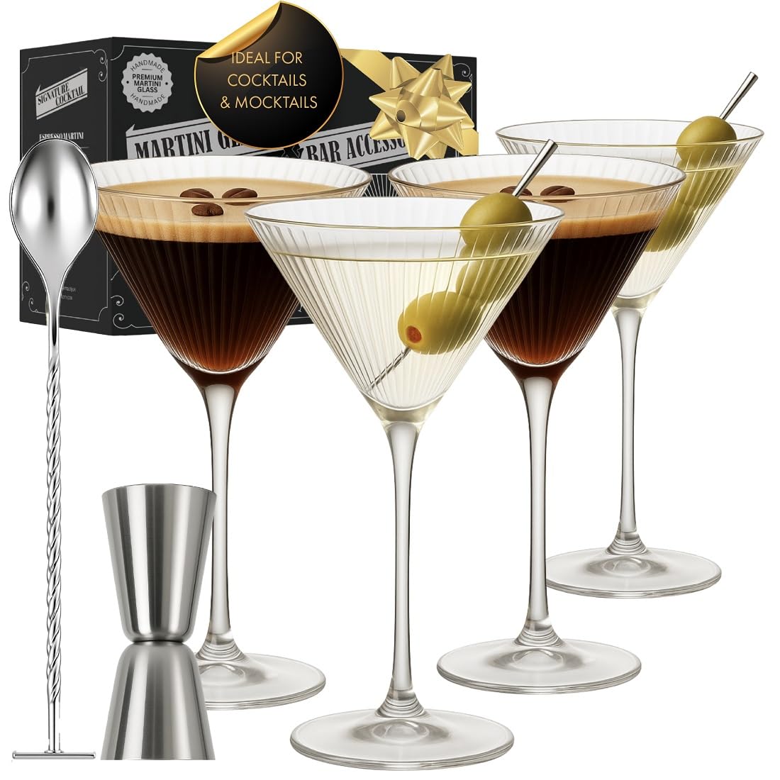 VEMACITY - Ribbed Martini Glasses Set of 4 | Silver Bar Tools - 8oz Cocktail Glasses | Espresso Martini, Margarita, Manhattan, Cosmopolitan - Art Deco Cocktail Gift Set | Ideal for Martinis Image