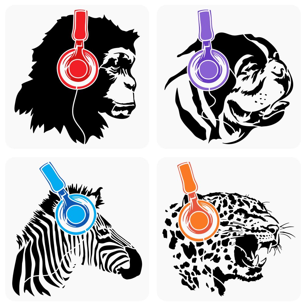 FINGERINSPIRE 4PCS Banksy Animal Headphones Painting Stencils 30x30cm Reusable Monkey Dog Drawing Templates Hollowed Leopard Zebra Stencils for Painting Animal Theme Templates for DIY Crafts