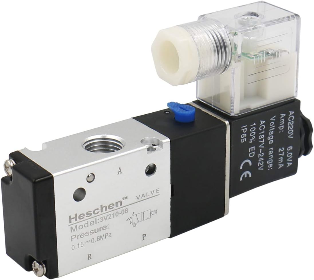 Heschen Electrical Pneumatic Solenoid Valve 3V210-08 PT1/4 3/2 Way (AC 220V), Silver, Black