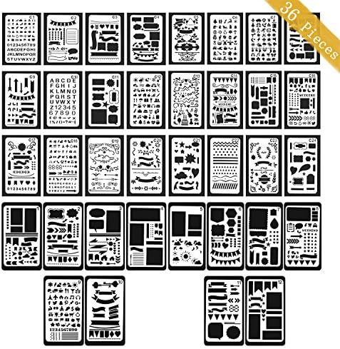 HOUSWOUKER 36PCs DIY Drawing Templates Bullet Journal Stencils Plastic Planner Stencils for Notebook, Diary, Scrapbook