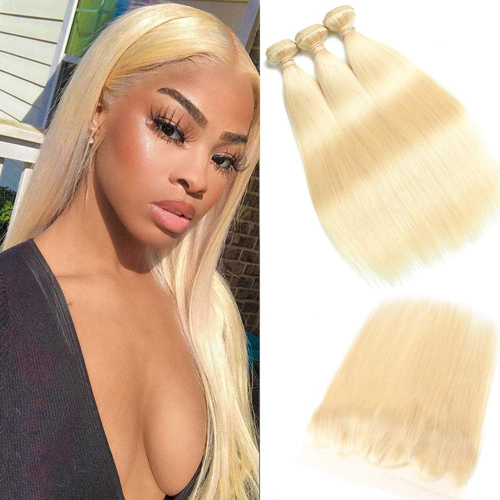 613 Blonde Malaysian Straight Hair Bundles With Frontal 613 Platinum Blonde Human Hair 3 Bundles With Lace Frontal Remy Extension Can Be Dyed (161820+14inch, bundles with frontal)
