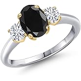 Gem Stone King 925 Silver and 10K Yellow Gold Black Sapphire and White Moissanite Engagement Ring For Women | 2.12 Cttw | Oval 8X6MM | Gemstone September Birthstone