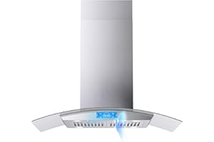 FIREGAS Island Range Hood 36 inch 700 CFM, Island Mount Kitchen Vent Hood with Tempered Glass, 4 LED Lights, 3 Speed Fan,Touch Control,Permanent Filter,Charcoal Filter, Stainless Steel,Ceiling Mount