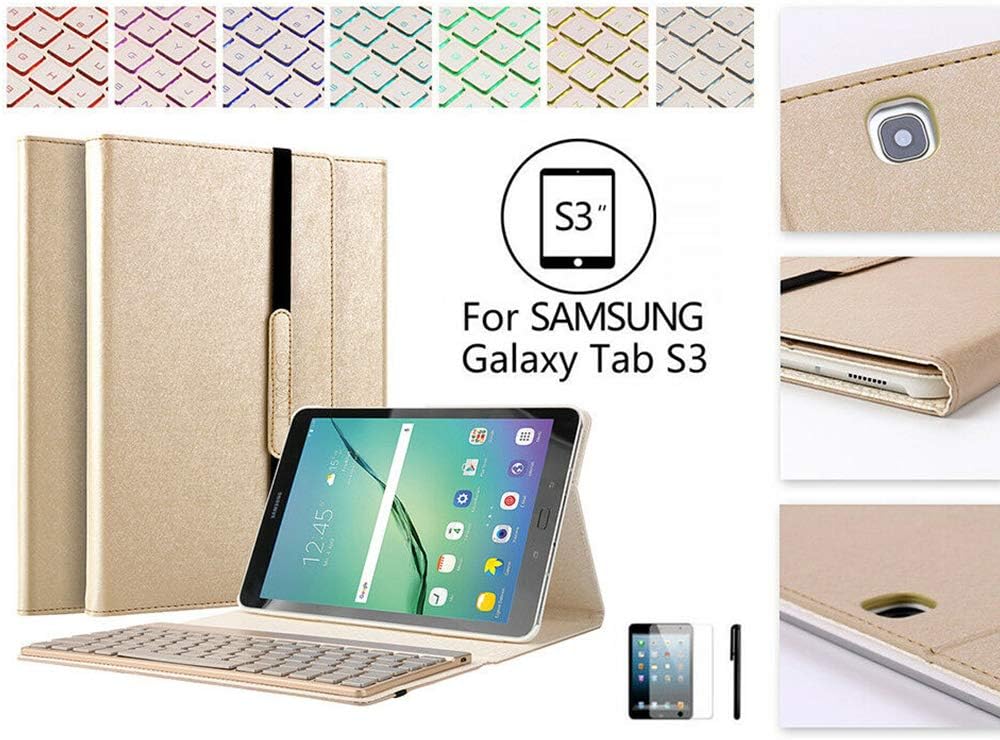 Keyboard Case for Samsung Galaxy Tab S3 9.7", 7 Color Backlight Wireless Bluetooth Keyboard Smart Case (Gold)