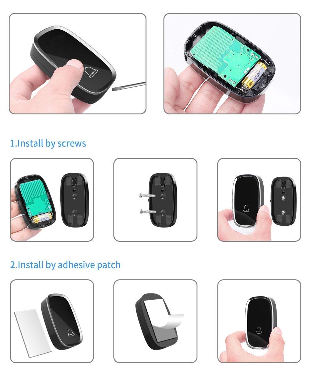 Wireless Doorbell, Waterproof Door Bell, Twin Wall Plug-in Cordless Chime, 300m/1000ft Range, 36 Melodies to Choose, 4 Level Volume & Flashing LED Light