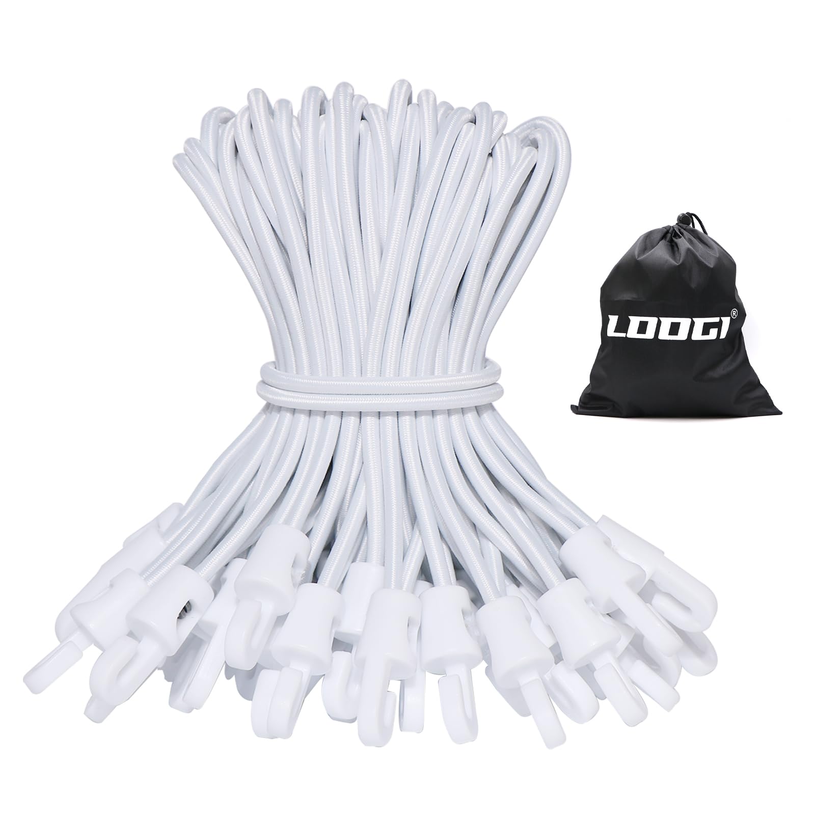 LOOGI Bungee Cords with Hooks 25 Pcs 10 Inch Elastic Bungee Ropes with Hooks - Short Tarpaulin Hooks - Small Bungee Rope (25, White, 10 Inch)