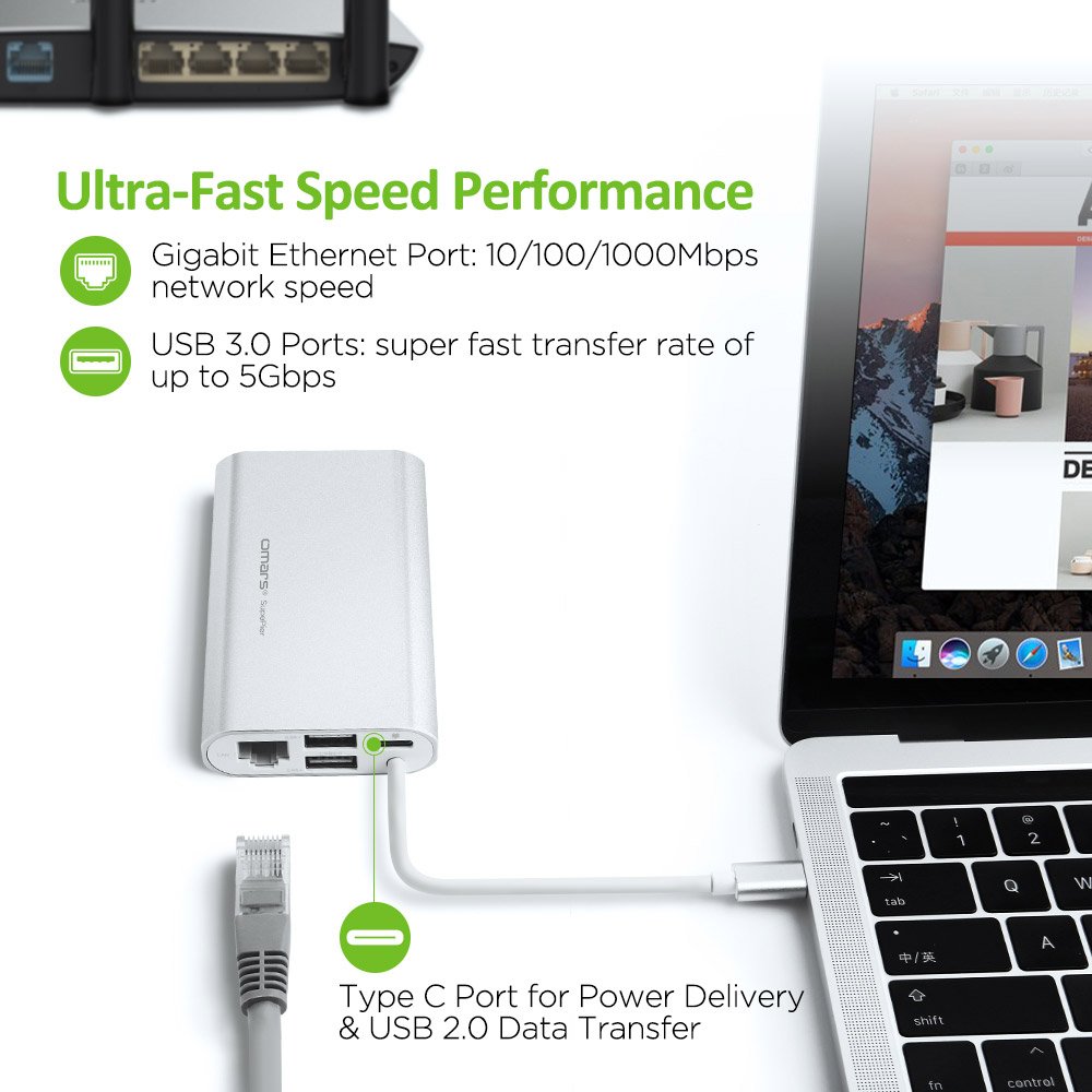 USB C Hub, OMARS 8-in-1 Type C Hub with HDMI 4K, VGA, 2 USB 3.0, Gigabit Ethernet, USB C Charging Port,SD/Micro SD(TF) Card Reader, Aluminum Design for MacBook/Chromebook/more Type C Devices - Silver