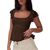 Cioatin Women Cute Y2K Lace Flowy Peplum Babydoll Tops Cap Sleeve Square Neck Tie Up Ruffle Lettuce Tank Crop Shirt Going Out