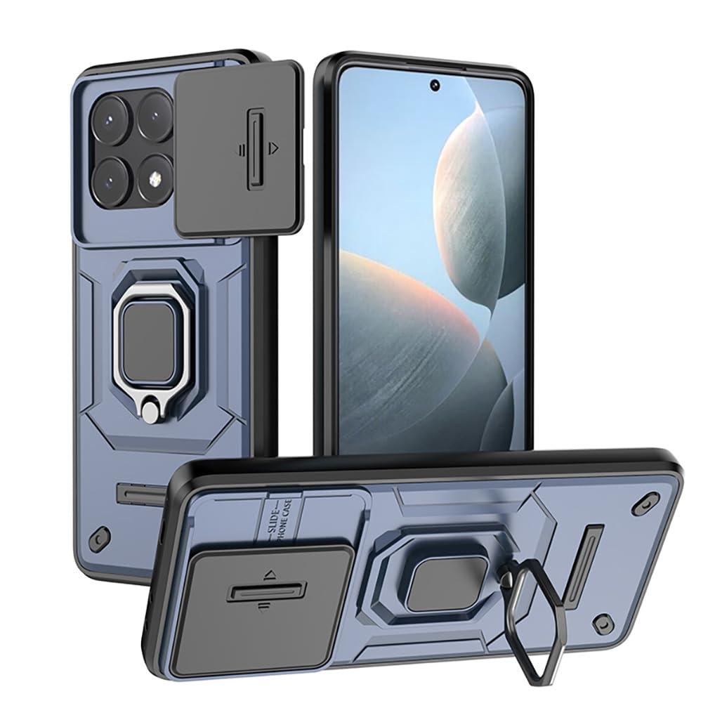 SEAHAI Case for Xiaomi POCO F6 Pro 5G, Ultra-thin Protective Silicone TPU Shockproof Hybrid Hard PC Back Phone Cover, with Slide Camera Cover and Ring Kickstand - Blue