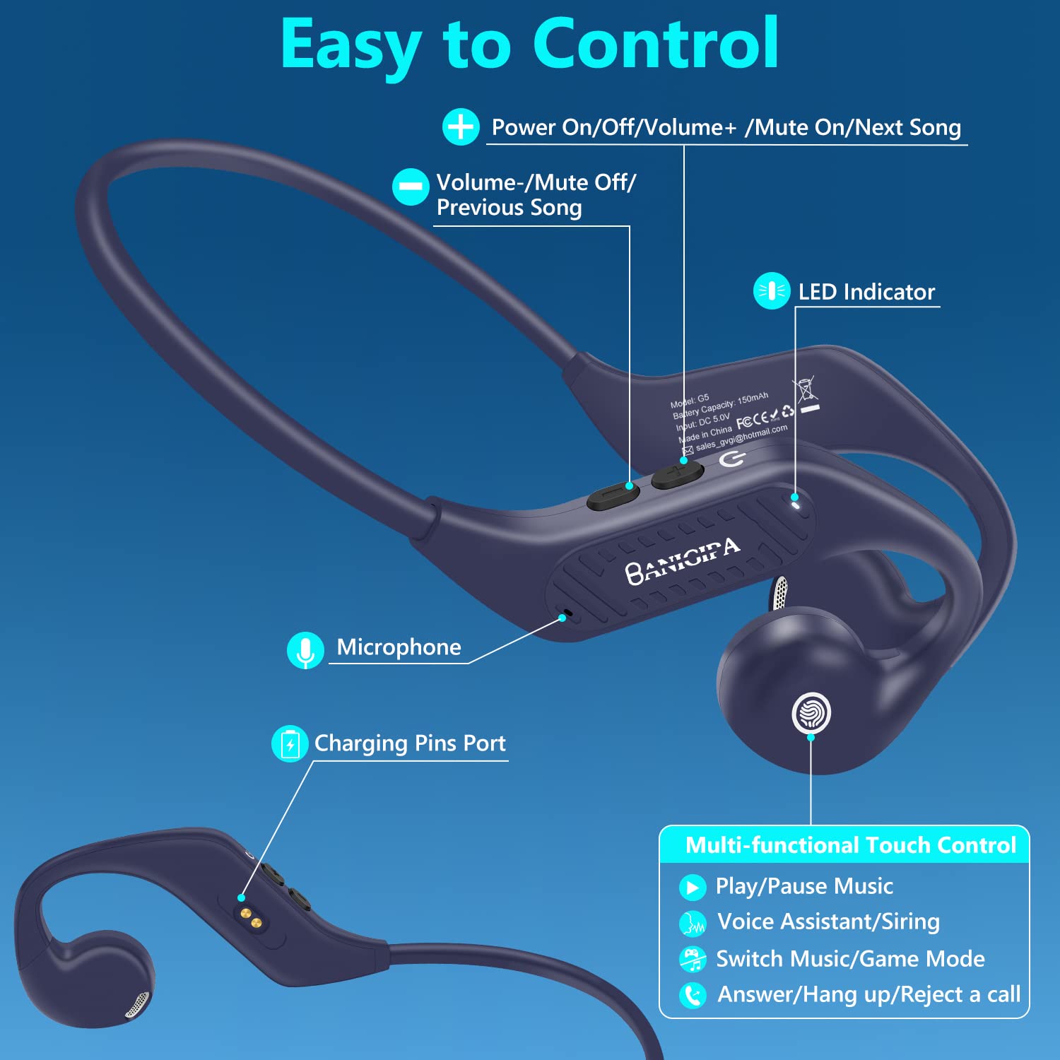 BANIGIPA Open Ear Headphones Wireless Bluetooth, Upgraded 5.3 Bluetooth Headphones with Microphone for Cell Phones, Waterproof Wireless Headset for Running, Cycling, Hiking, Driving,10 Hrs Playtime