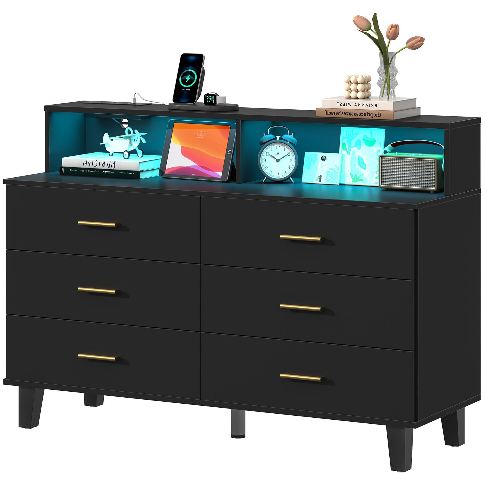Photo 1 of knoworld Black Dresser with LED Lights, 6 Drawer Dresser with Power Outlet for Bedroom, Large Wooden Chest of Drawers, Organizer Cabinet for Bedroom,Living Room,Hallway, Entryway