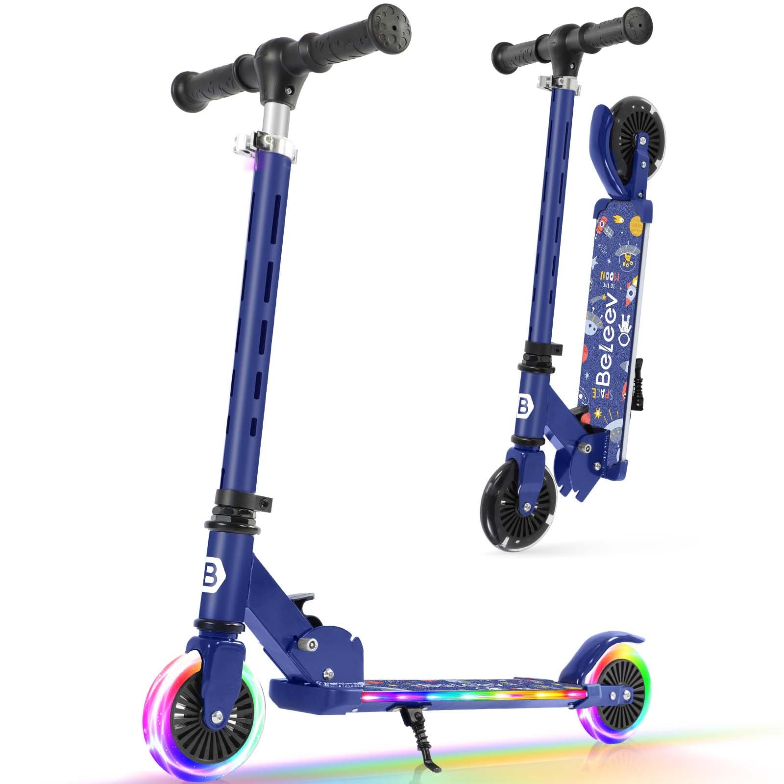 BELEEV Scooters for Kids Ages 3-12 with Light-Up Wheels & Stem & Deck, 2 Wheel Folding Scooter for Girls Boys, 3 Adjustable Height, Non-Slip Pattern Deck, Lightweight Kick Scooter for Children — image 1
