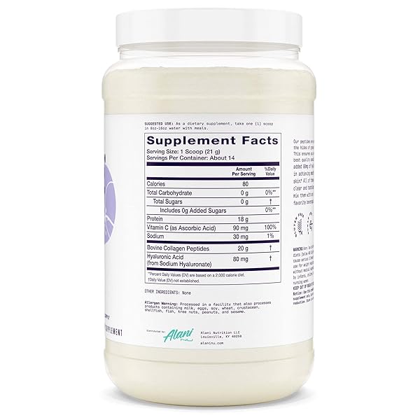 ALANI NU COLLAGEN PEPTIDES POWDER UNFLAVORED | 18G PROTEIN | SUPPORTS BONE, SKIN AND NAIL HEALTH | COLLAGEN FOR WOMEN | 80MG OF HYALURONIC ACID | GLUTEN FREE | SUGAR FREE | 14 SERVINGS