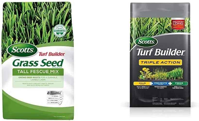 Scotts Turf Builder Grass Seed Tall Fescue Mix, 20 lb. - Seeds up to 5,000 sq. ft. & Turf Builder Triple Action - Weed Killer & Preventer, Lawn Fertilizer, Covers up to 4,000 sq. ft, 20 lb.