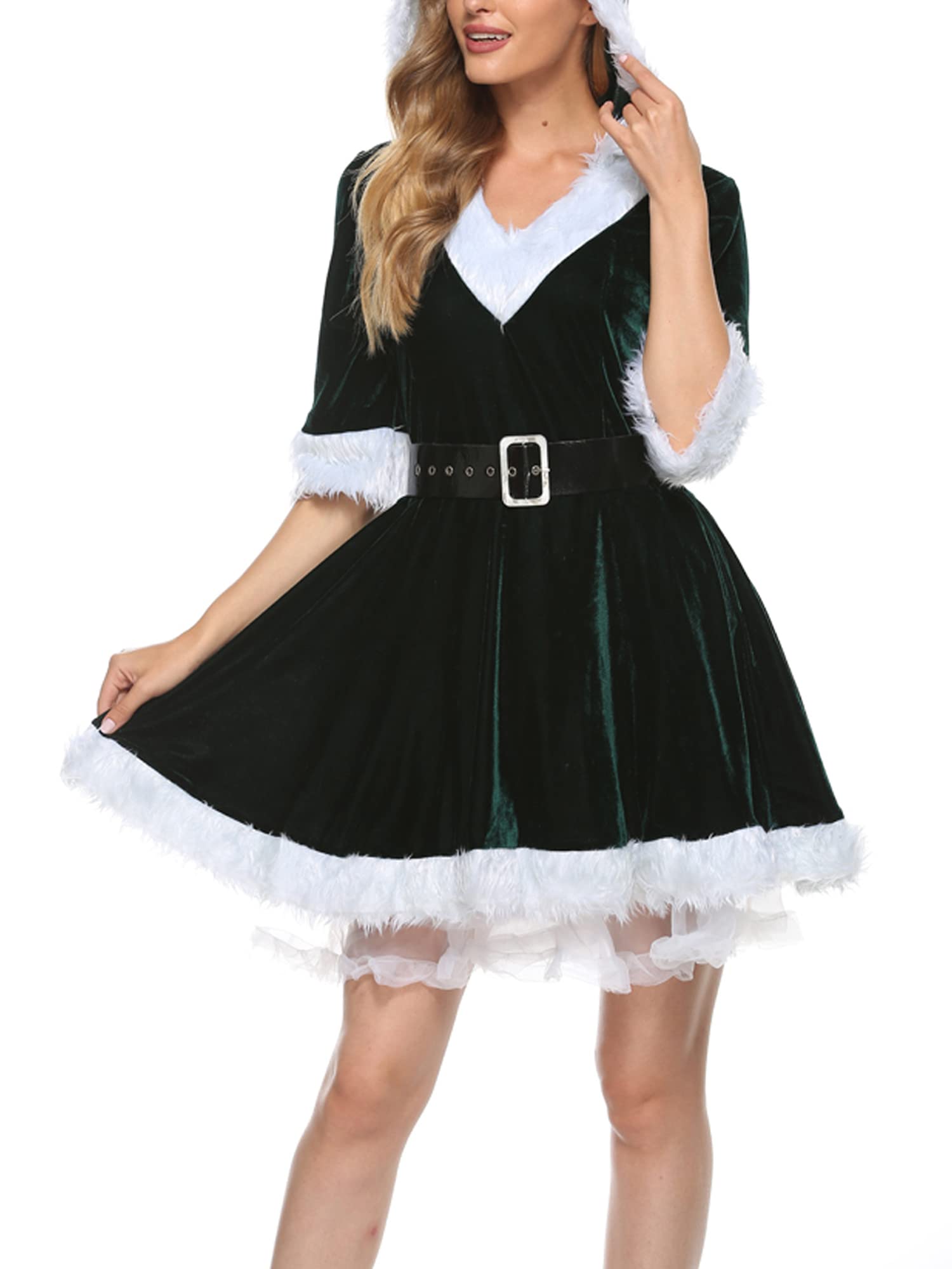 Achlibe Women Mrs Santa Claus Costume Christmas Fancy Dress Plush V-Neck Velvet Cosplay Dress Outfit (A-b-Green, S)