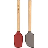 KitchenAid Bamboo Wood Handled Mini Spatula Set with Silicone Head, Set of 2, Empire Red/Gray