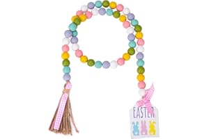 ONCOFAN Easter Wood Bead Garland, 38.6" Spring Wood Beads Garland with Tassel, Wooden Beaded Easter Boho Decor Farmhouse Rustic Hanging Decorations for Home Room Wall Tiered Tray Shelf, Easter Bunny