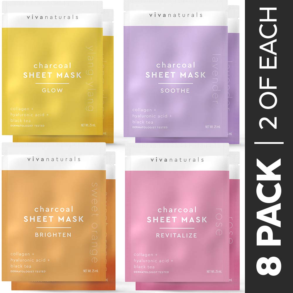 Face Mask for Korean Skincare - Sheet Mask for Detoxifying, Cleansing, Moisturizing and Brightening Skin | Dermatologist Tested Charcoal Face Mask with Collagen & Hyaluronic Acid for Soft Skin, 8 Pack : Beauty