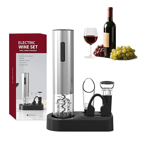 Rechargeable Wine Opener Electric Wine Opener Electric 5-in-1 Wine Bottle Opener with Storage Base, Foil Cutter, Wine Pour& Wine Stopper (Rechargeable Silver Set)