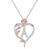 Yesteel Valentines Gifts for Her Rose Heart Initial Necklaces Gifts for Women Teen Girls, Rose Love Heart Letter Pendant Necklace Jewelry Mothers Day Valentines Anniversary Birthday Gift for Her