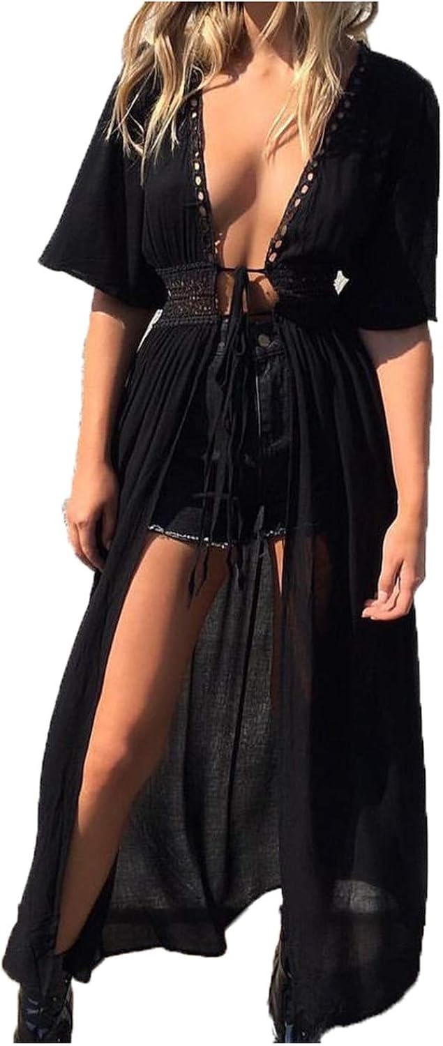 Wander Agio Womens Bikini Cover Ups Beach Coverup Swimsuits Sunscreen Long Waist Lace Black at  Women’s Clothing store