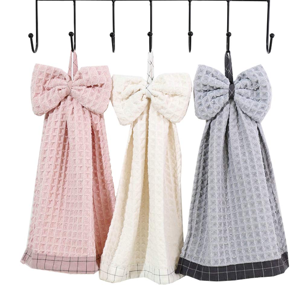 Eyands 3 Pack Bowknot Hand Towel - Soft Dish Wipe Cloth with Hanging Loop for Kitchen Bathroom, Microfiber Coral Velvet Cute Hand Towel for Kids, Adults
