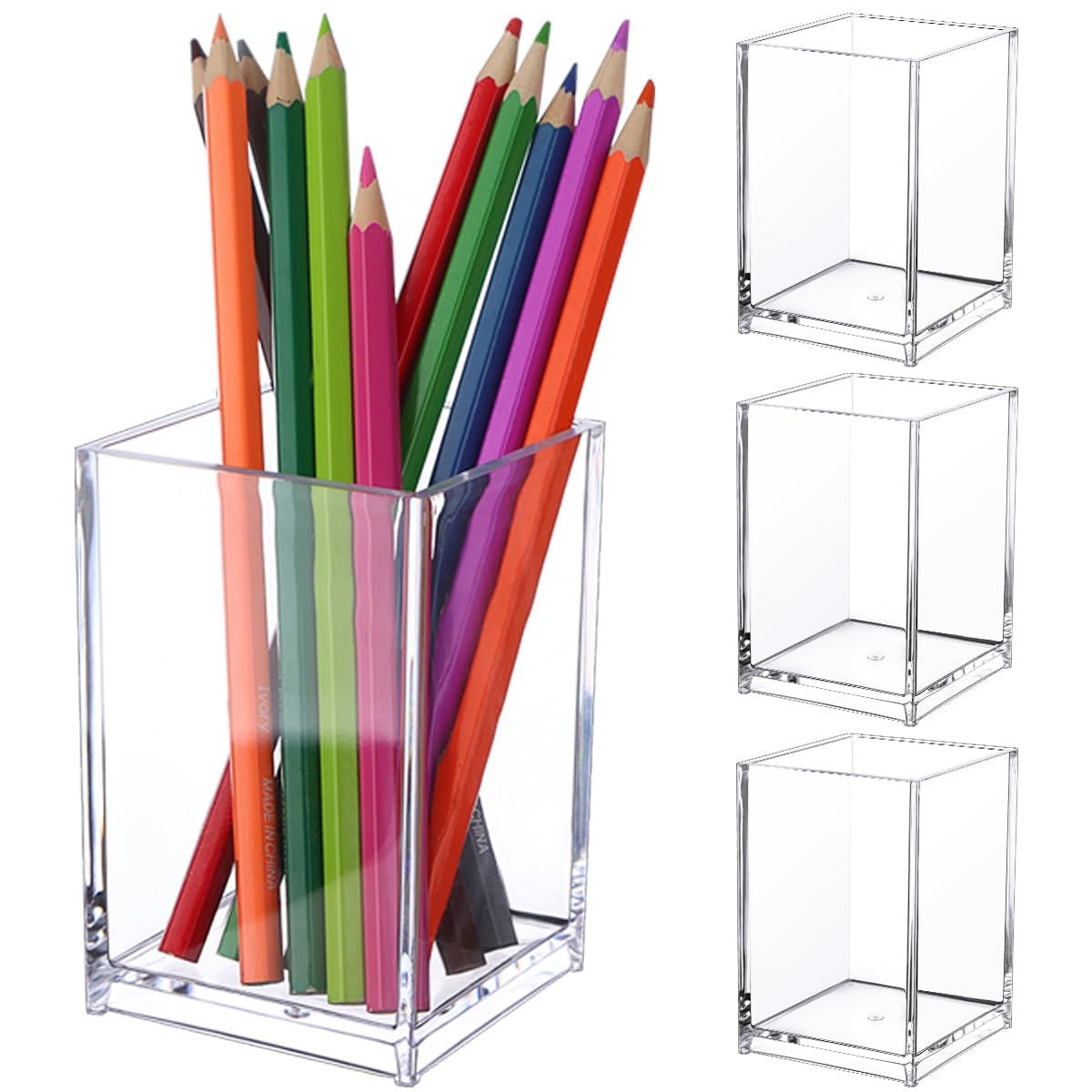 4 Pcs Acrylic Pen Holder Acrylic Pen Pot, Pen Pencil Holder Square Acrylic Pencil Organizer Transparent Pen Cup Clear Makeup Brush Holder Pencil Storage Basket for School Home, Office Desk Accessory — image 1
