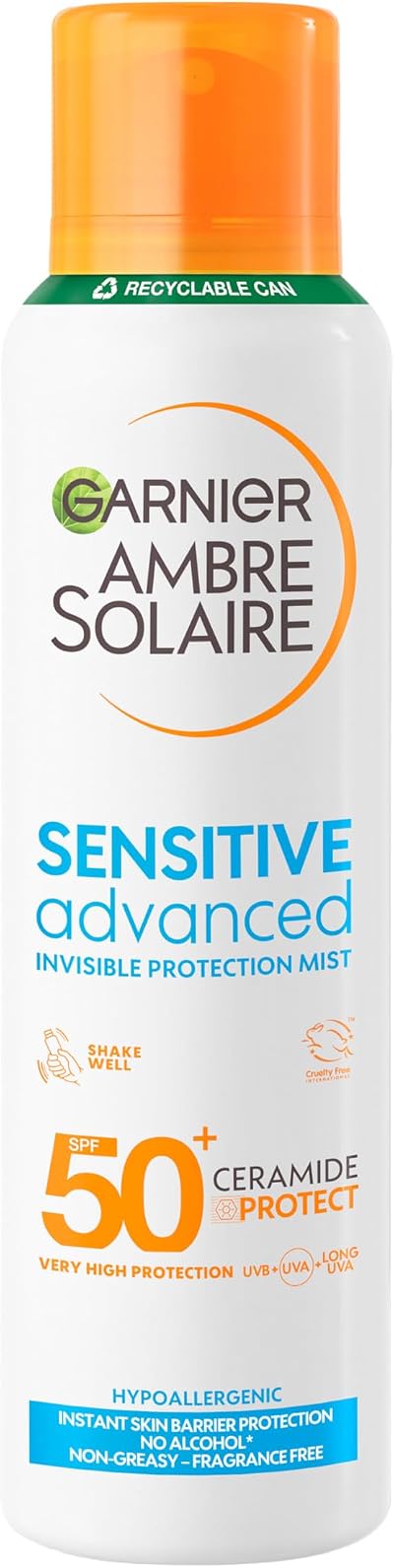 Garnier Ambre Solaire Sun Spray SPF 50+ Sensitive Dry Mist 150ml Water Resistant