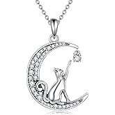 Grmdit Cat Necklace Sterling Silver Moon Pendant Cat Jewelry Gifts for Women