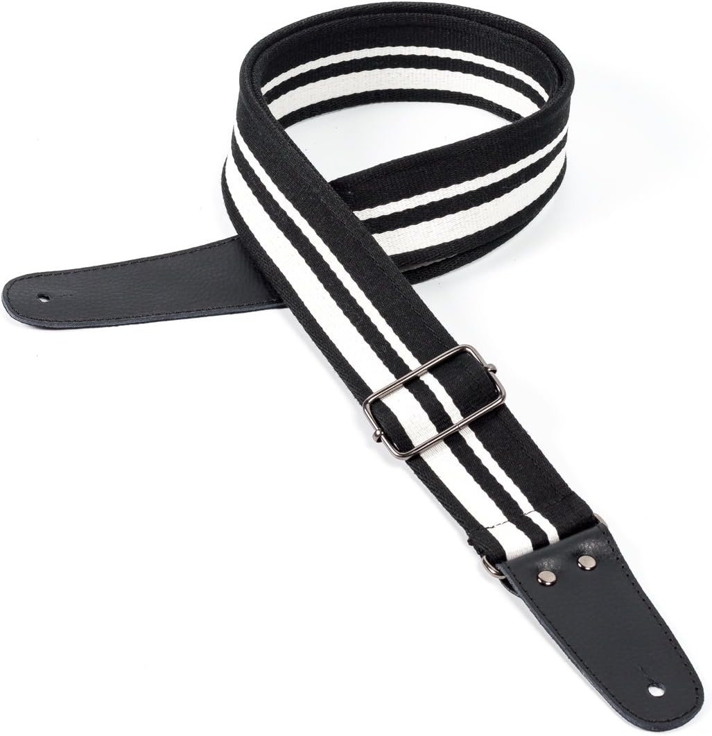 Linen Guitar Strap with Lace Leather Ends Metal Buckle 2 Inches Wide Adjustable Length (Classic Black and White)