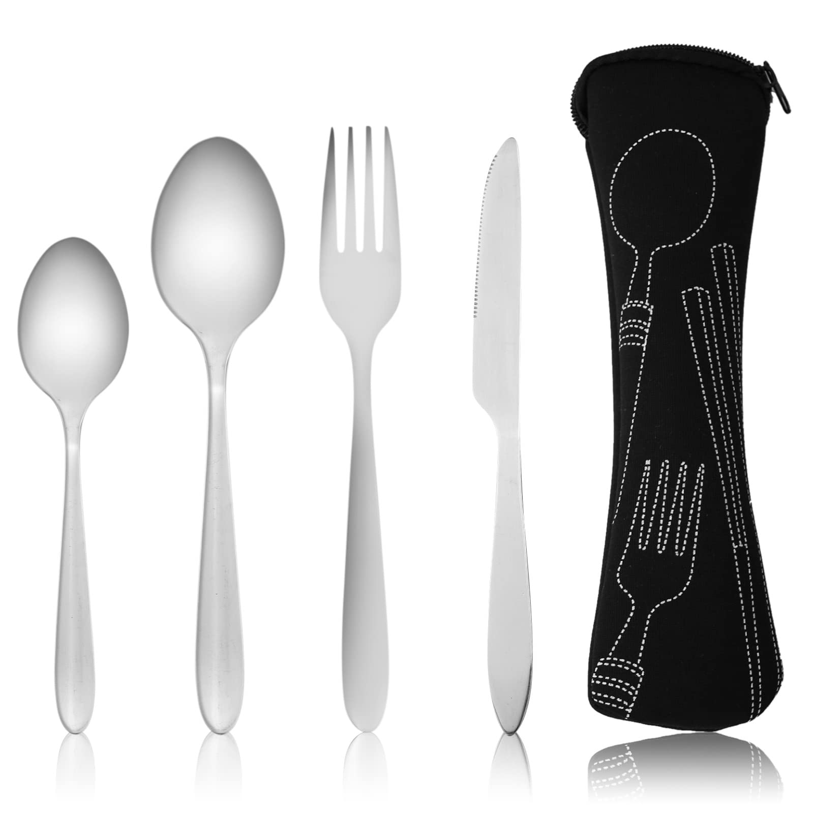 SZCXDKJ 4 Pcs Cutlery Set with Portable Pouch Case, Stainless Steel Flatware Camping Utensil Set with Neoprene Bag for Outdoor Travel Picnic Office School Lunch Box