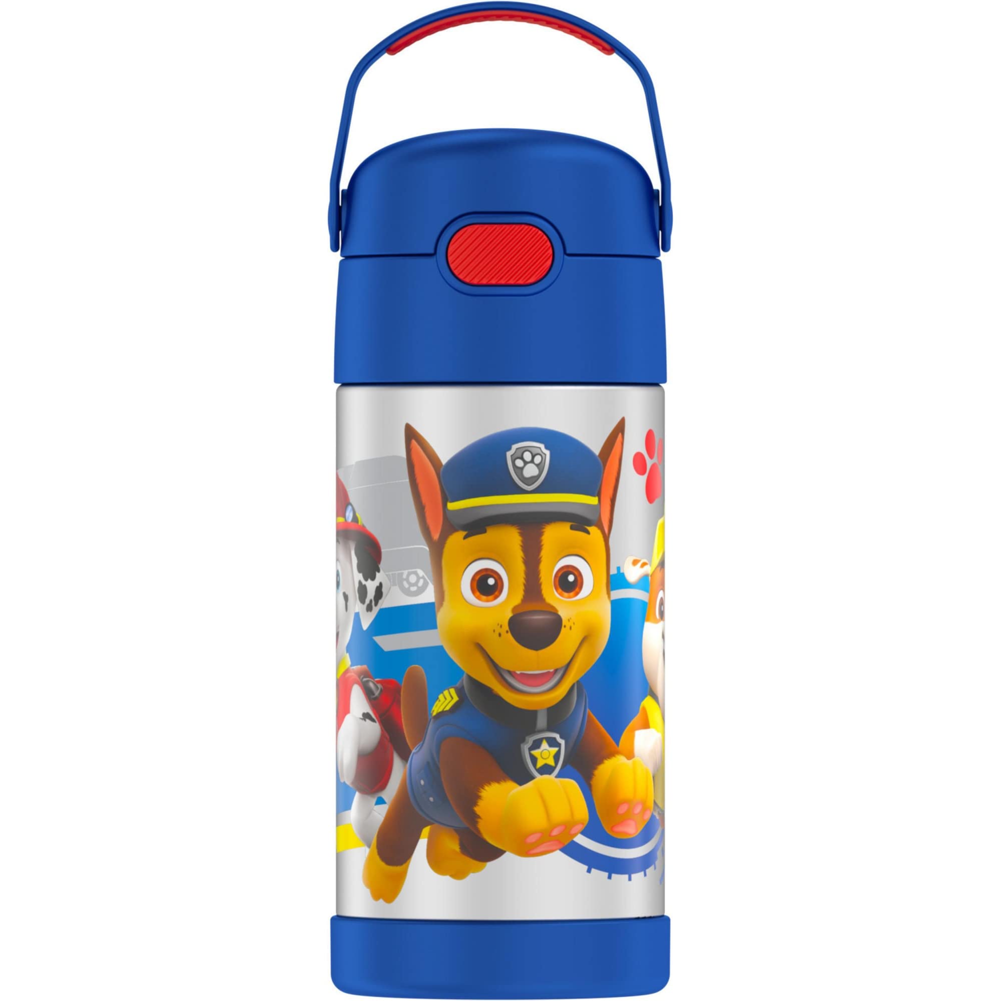 Botella de agua de Funtainer de Thermos con paja - 12 onzas - Botella de agua con aislamiento de vacío de acero inoxidable para niños con tapa, patrulla
