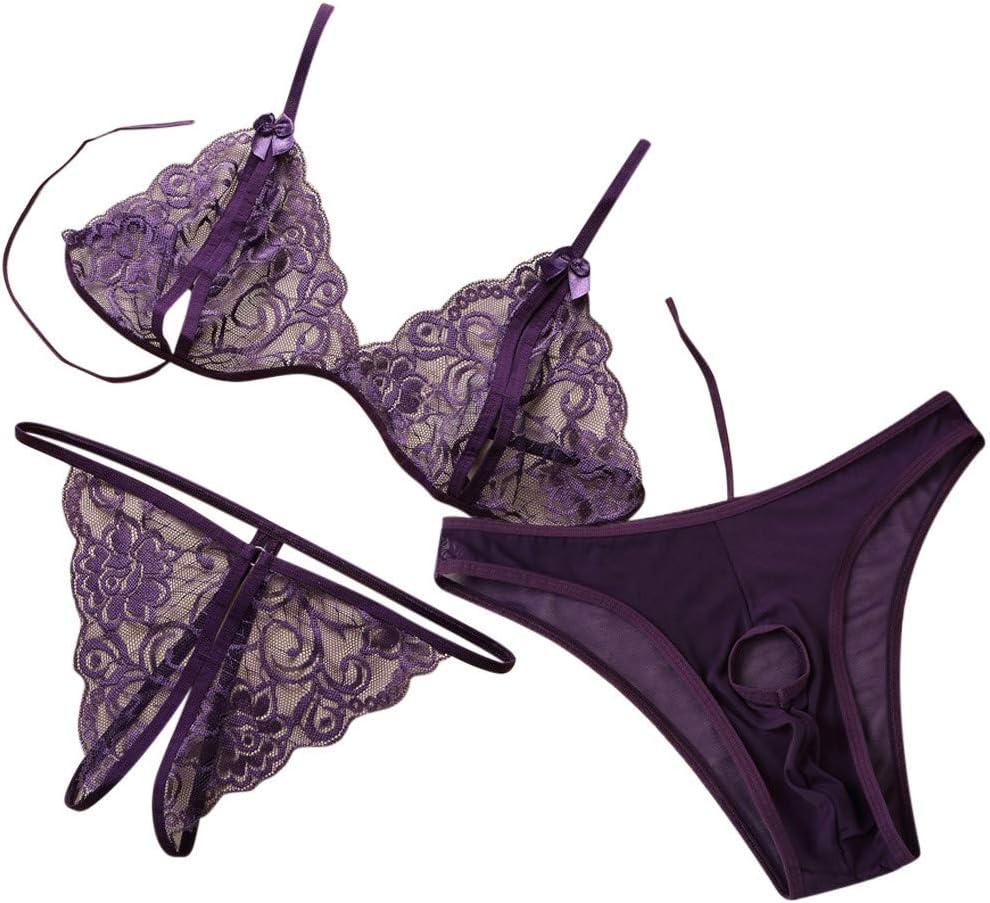 Couple Valentine's Day Lingerie Set 3PC Women & Men Lace Mesh Cupless Crotchless Plus Size Bralette Thong Set