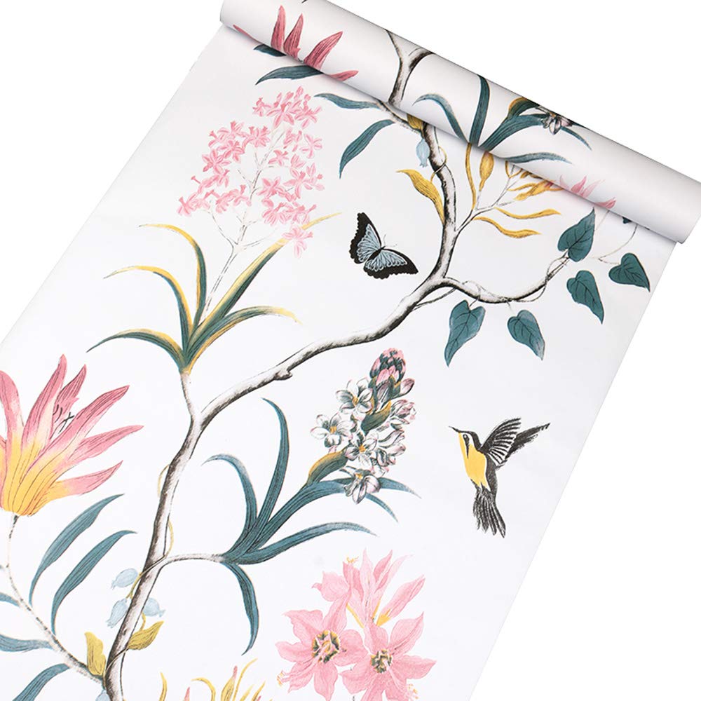 Self Adhesive Vinyl Vintage Floral Birds Furniture Sticker Paper Wallpaper for Walls Kitchen Backsplash Cabinets Shelves Dresser Drawer Table Decor Removable Waterproof 45CMx3M