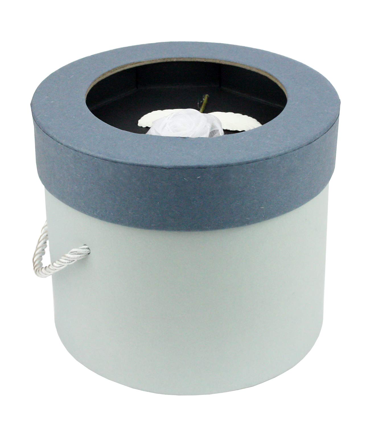 Emartbuy Rigid Luxury Round Shaped Presentation Gift Box, 13.8 x 8.5 cm, Grey Box with Blue Lid, Chocolate Brown Interior and With Rose Flower Decoration