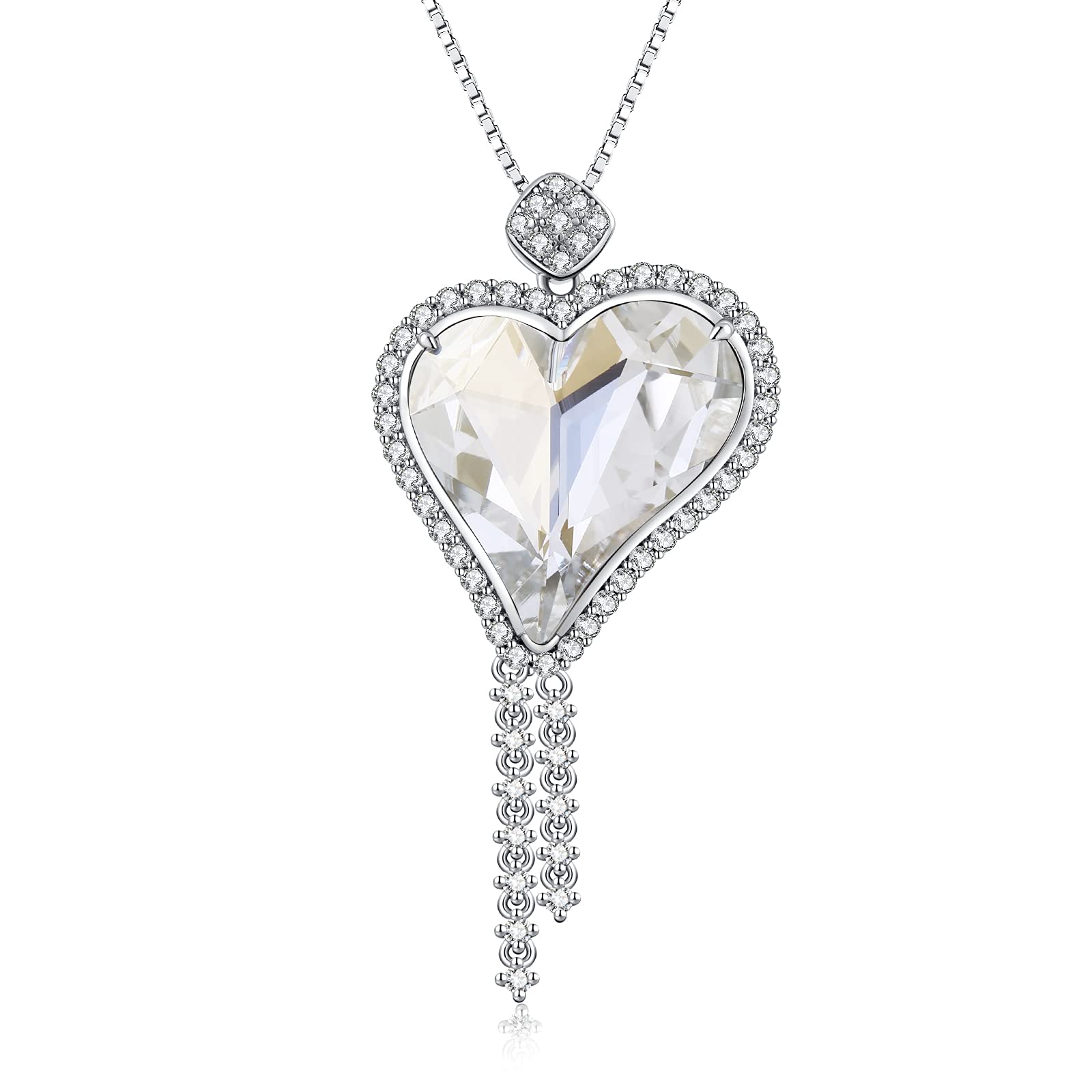 Love Heart Necklaces, Love Heart Pendant Necklace for Women Silver Crystal Necklace Women Silver Tone Crystal Birthstone Necklace CZ Diamond Necklace White Crystal Pendant Necklace for Girlfriend Mom
