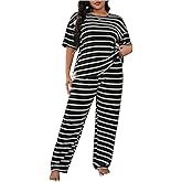 OYOANGLE Women's Plus Size Striped Pajama Set Short Sleeve Tee Top Elastic Waist Pants Sleepwear