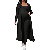 BEAUDRM Women's Maternity Ribbed 2 Piece Outfit Strapless Skinny Leg Jumpsuit and Long Sleeve Cardigan Set