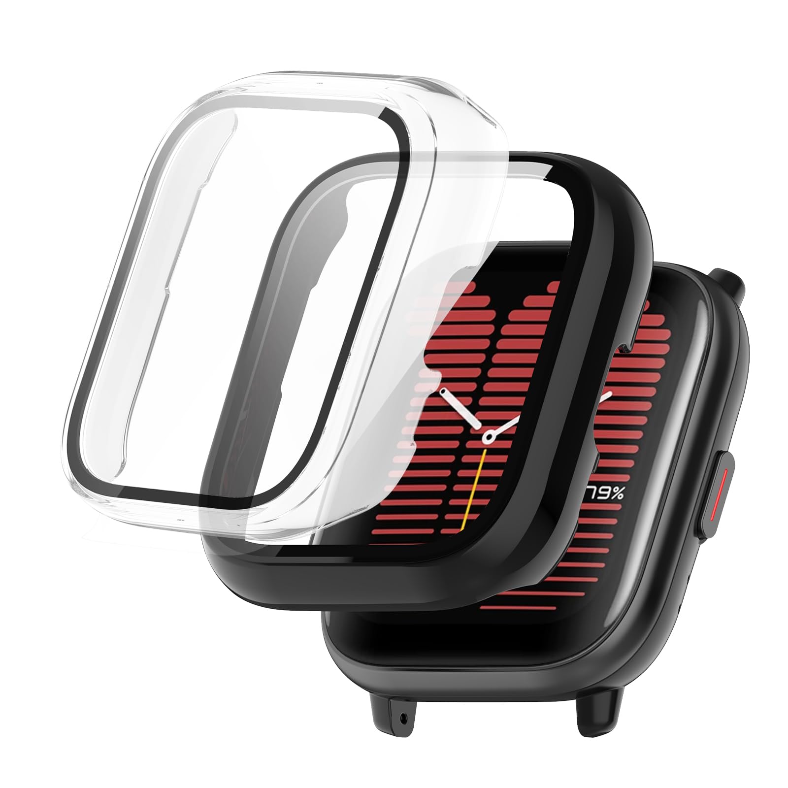 KZIOACSH Case with Screen Protector for Amazfit Active,2 Pack Ultra Slim Full Coverage Hard PC Proctective Case Lightweight Shockproof Anti-Scratch Bumper Cover with Tempered Glass,Clear+Black