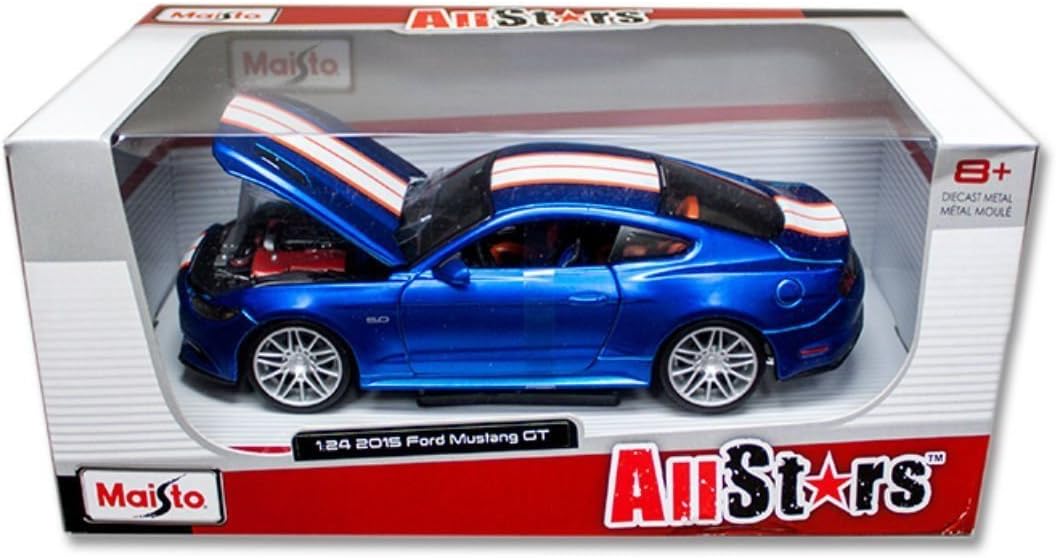 New 1:24 W/B MAISTO ALLSTARS COLLECTION - BLUE 2015 FORD MUSTANG GT W/STRIPES Diecast Model Car By Maisto