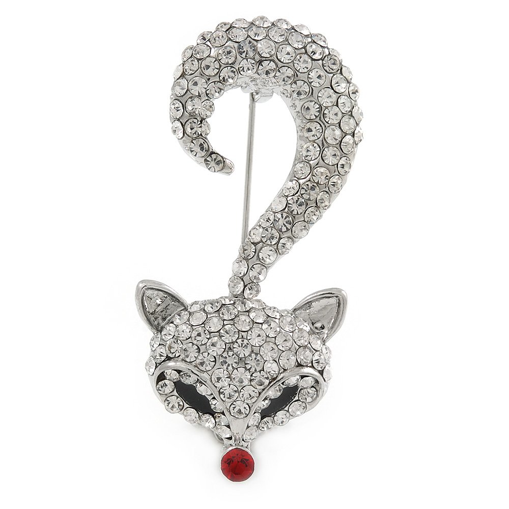 Clear Crystal Fox Brooch In Silver Tone Metal - 55mm L