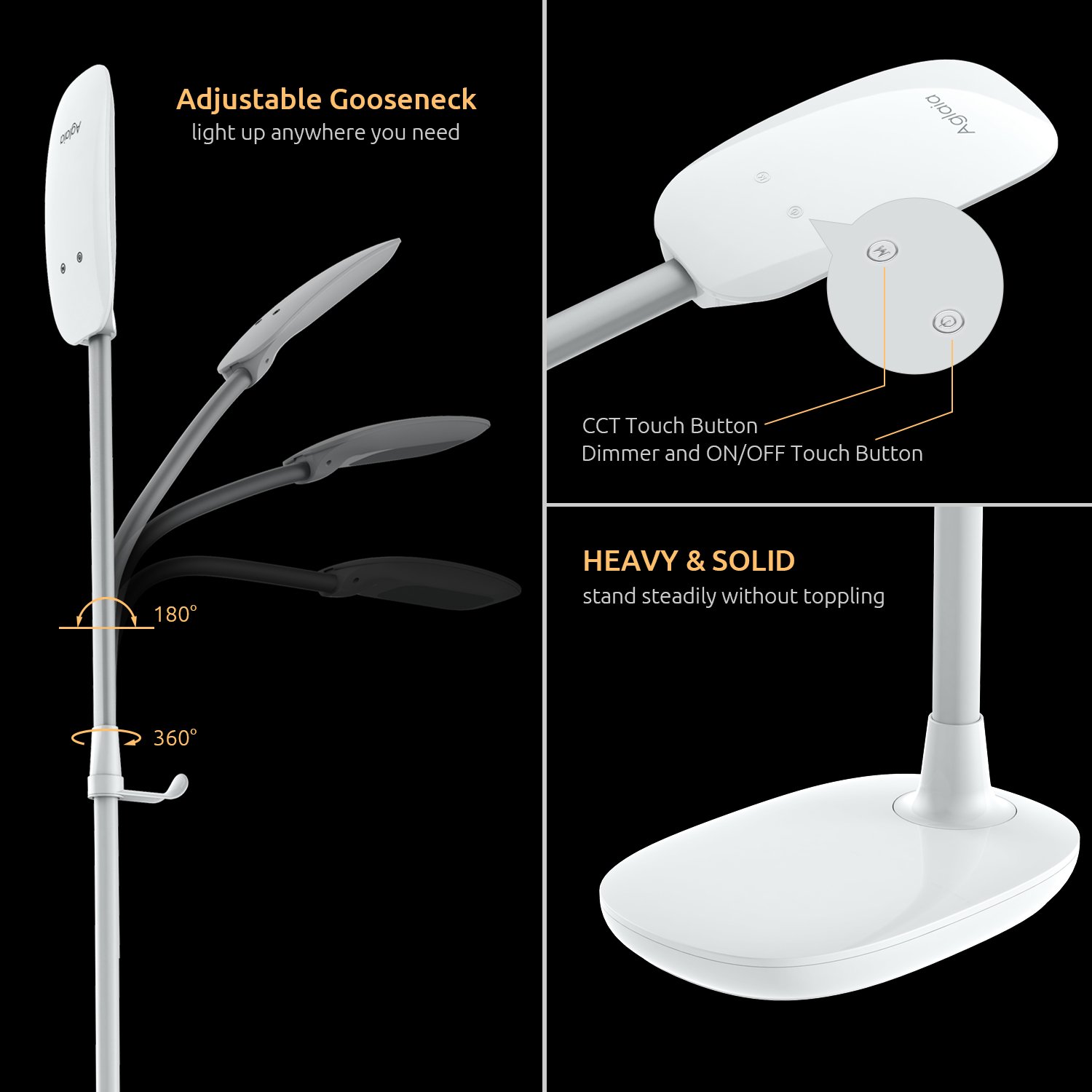 Aglaia LED Reading Floor Lamp, Dimmable Standing Lamp with Gooseneck for Living Room, Eye-Cared Touch Control Light, 11W, 3 Color Modes, 4-Level Dimmer – White