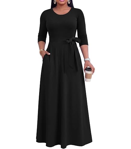 FANDEE Women's Maxi Dresses V Neck 3/4 Sleeve Long Dress with Pockets
