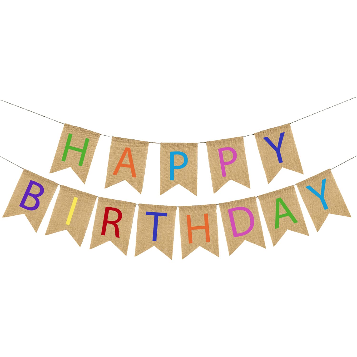 Kuou Happy Birthday Bunting Banner - 16 Feet Fabric Burlap With 13 Swallowtail Flags for Party Decorations, Multi Color