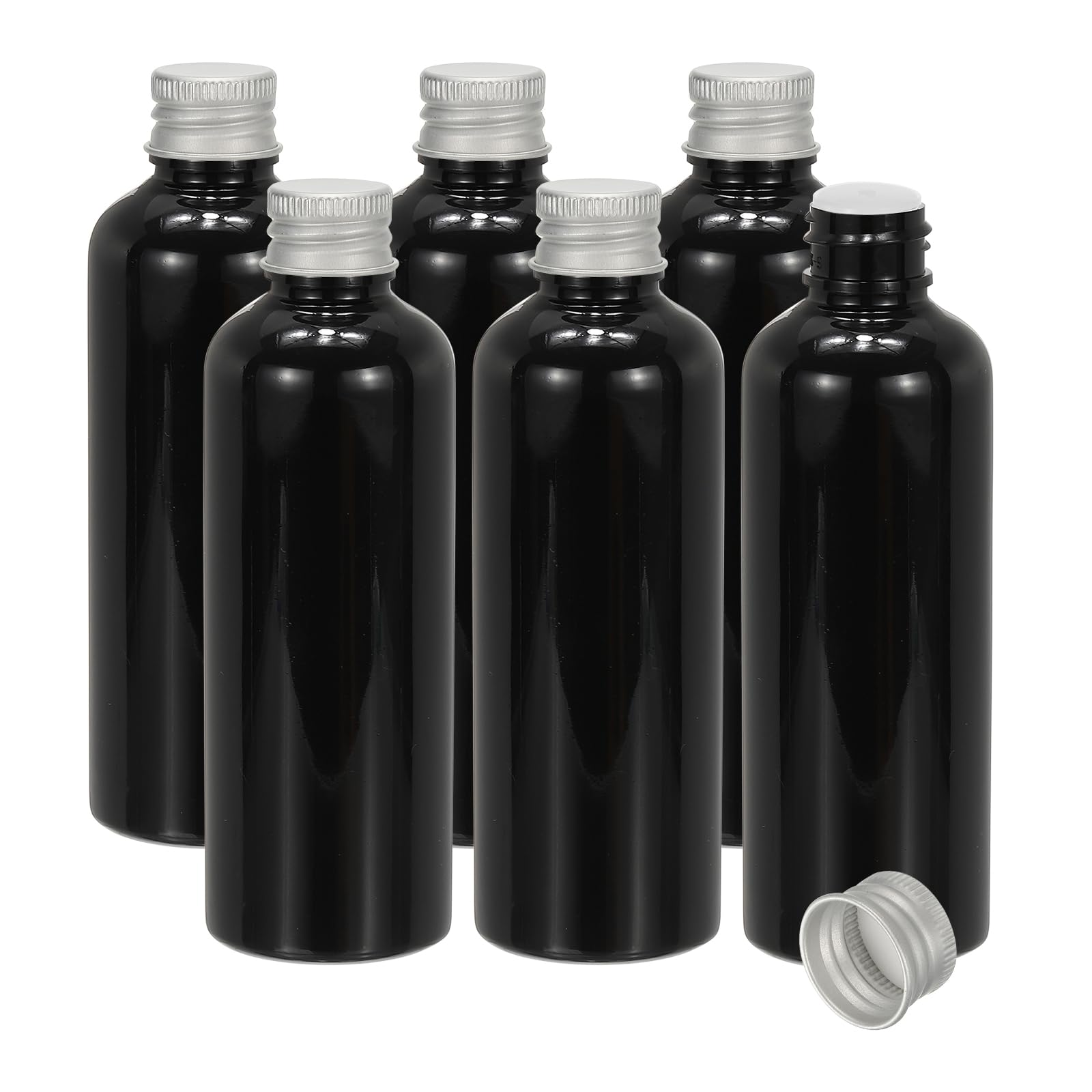 PATIKIL Travel Bottles with Screw Cap, 6 Pcs 3.4Oz(100ml) Leak Proof Refillable Empty Dispenser Container Squeeze Bottle with Aluminum Screw Lid for Shampoo Toiletries Lotion Cream, Black