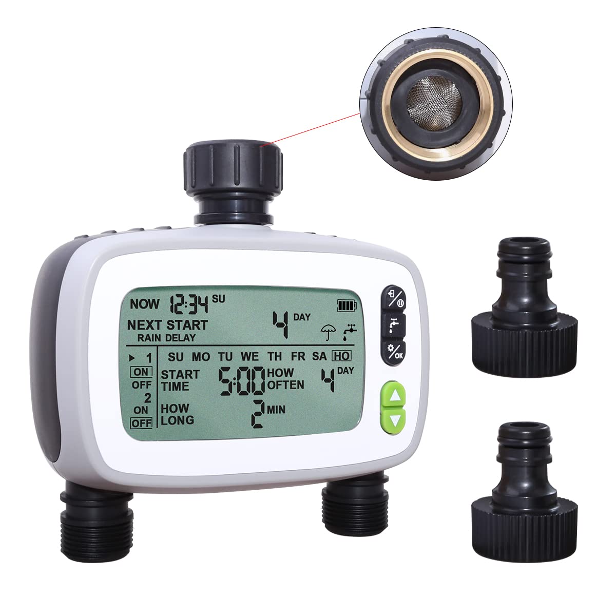 Aqualin Irrigation Computer with 2 Independent Outputs, Automatic/Manual Water Timer with Rain Delay, Irrigation Control with FSTN 9.6 x 5.2 cm Large LCD Screen for Garden Plants